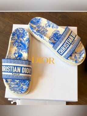 Dior Blue and White Toile Christian Dior Slide Sandals